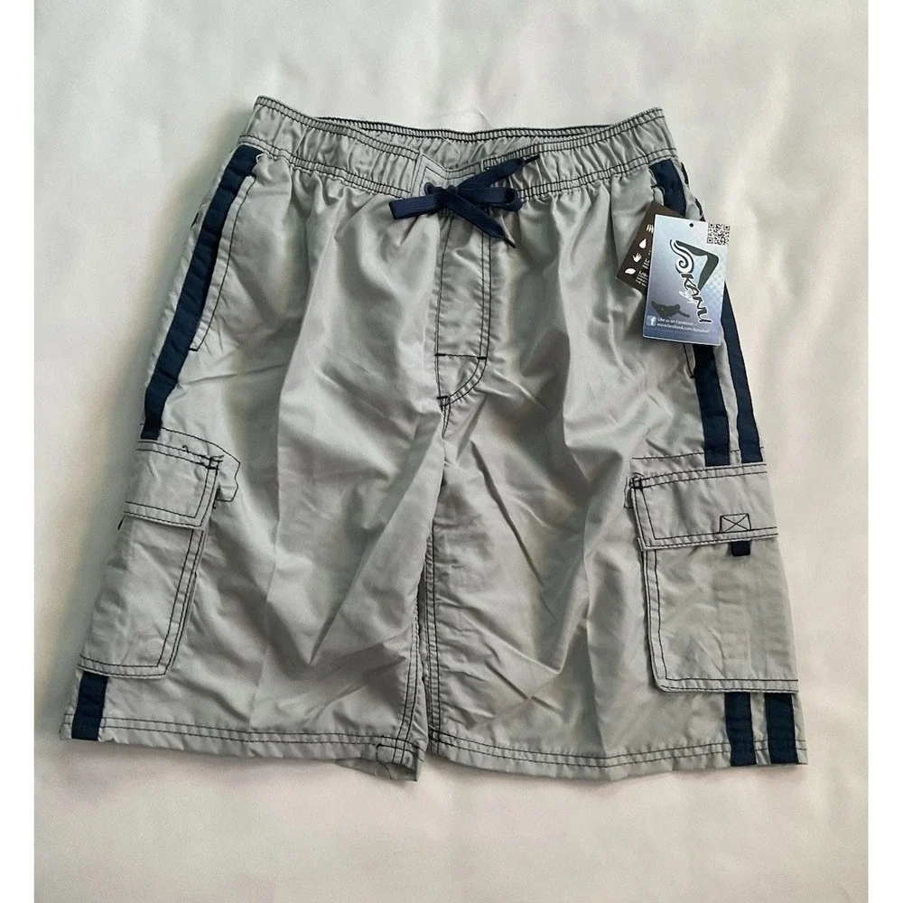 Kanu Surf Board‎ Shorts Silver Swim Beach Cargo Pockets Lined Drawstring Size M